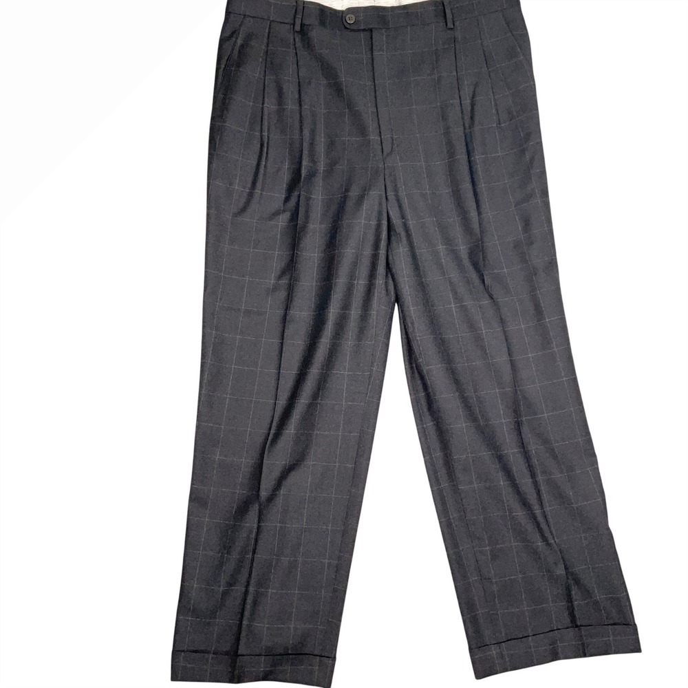 Zanella Austin Trousers Mens 38W 29L Charcoal Gray Windowpane Pleat Italy Wool